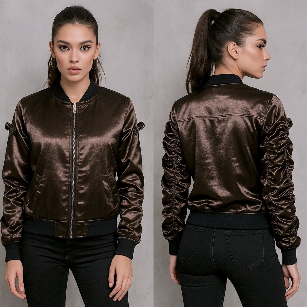 RUNWAY NY Satin Ruffle Bomber Jacket Zip Up Lined Bronze Dark Brown Size Small